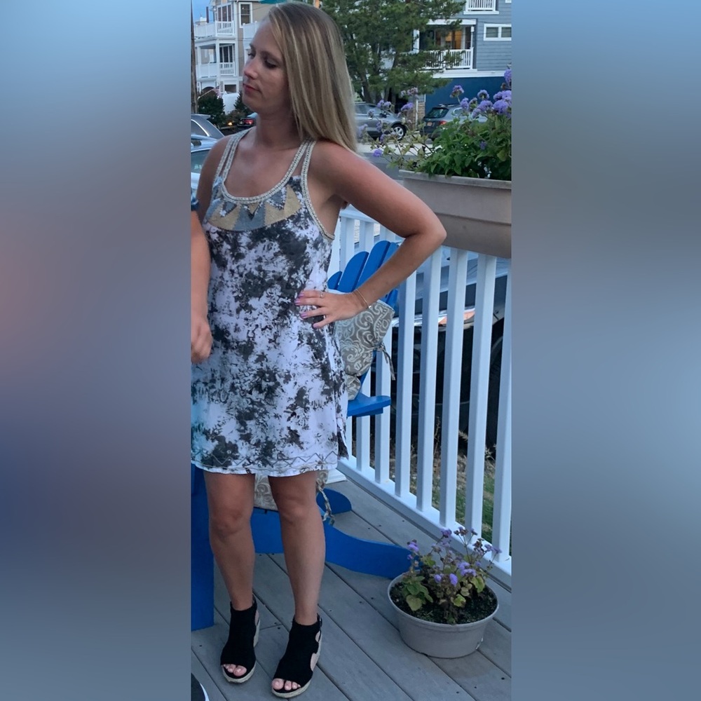 Skemo Black and White Tie-Dye Mini Dress with Beaded Neckline